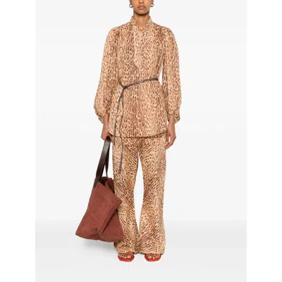 Zimmermann Cascadian Beige Tunic Dress With Stand-up Collar And All-over Leopard Print In Linen Woman In Brown