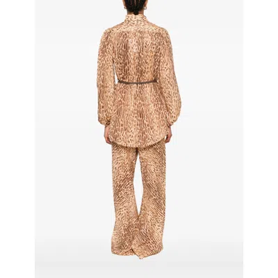 Zimmermann Cascadian Beige Tunic Dress With Stand-up Collar And All-over Leopard Print In Linen Woman In Brown