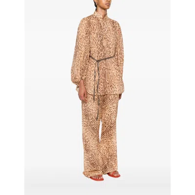 Zimmermann Cascadian Beige Tunic Dress With Stand-up Collar And All-over Leopard Print In Linen Woman In Brown