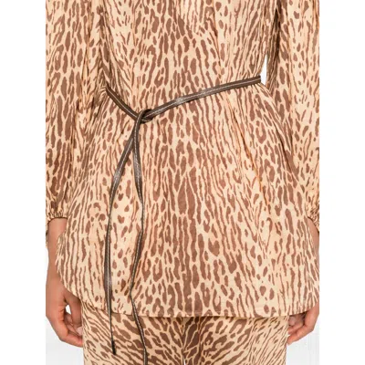 Zimmermann Cascadian Beige Tunic Dress With Stand-up Collar And All-over Leopard Print In Linen Woman In Brown