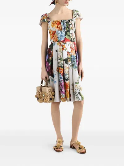 Dolce & Gabbana Floral Bouquet Popeline Cap-sleeve Pleated Dress In Multi