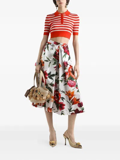 Dolce & Gabbana Multicolor Midi Skirt With All-over Floral Print And Rear Zip Closure In Cotton Woman In White