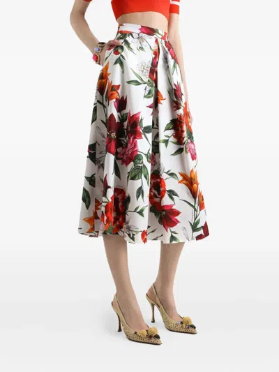Dolce & Gabbana Multicolor Midi Skirt With All-over Floral Print And Rear Zip Closure In Cotton Woman In White