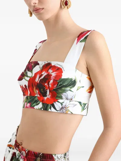 Dolce & Gabbana Multicolor Croped Top With Square Neck And All-over Floral Design In Cotton Woman