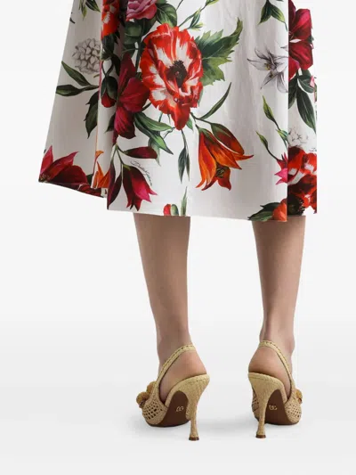 Dolce & Gabbana Multicolor Midi Skirt With All-over Floral Print And Rear Zip Closure In Cotton Woman In White