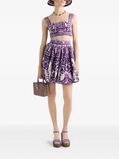 Dolce & Gabbana Violet Pleated Miniskirt With Rear Zip Closure And All-over Graphic Print In Cotton Woman