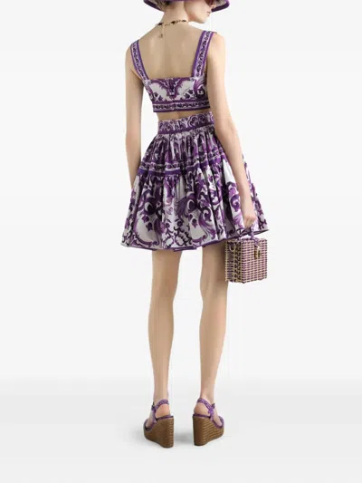 Dolce & Gabbana Violet Pleated Miniskirt With Rear Zip Closure And All-over Graphic Print In Cotton Woman