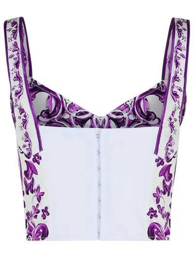 Dolce & Gabbana Cotton Blend Bustier Top With Maiolica Print In Purple