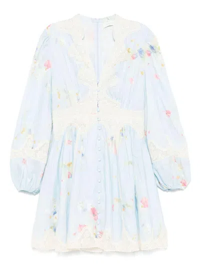 Zimmermann Lucky Lace Floral Linen Minidress In Blue