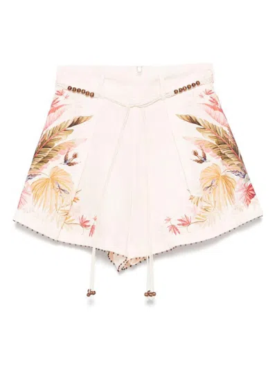 Zimmermann Ascension Belted Bead-embellished Floral-print Linen Shorts In Neutral