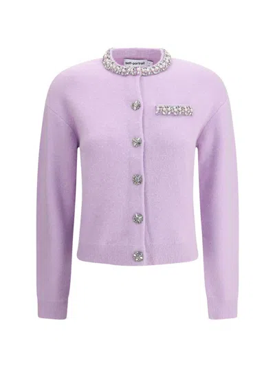Self-portrait Lilac Crystal Trim Knit Cardigan
