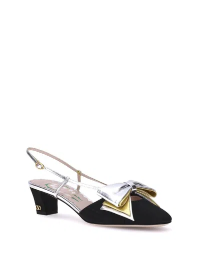 Valentino Slingback Decollete Bowow In Moire Tissue In Black