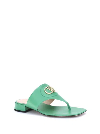Valentino Vlogo Leather Thong Sandals With Squared Toe In Green