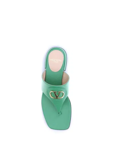 Valentino Vlogo Leather Thong Sandals With Squared Toe In Green