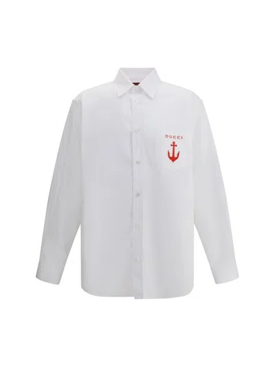 Gucci Anchor-embroidered Cotton Shirt In White