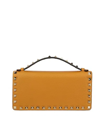 Valentino Rockstud Grainy Leather Wallet On Chain In Yellow