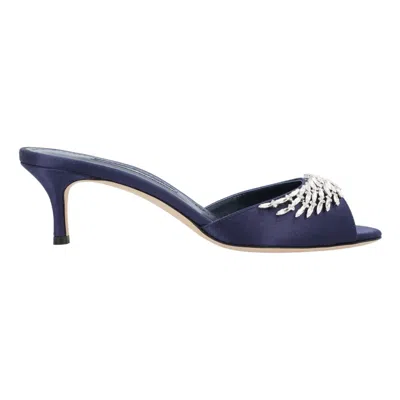 Manolo Blahnik Lumada 50 Navy Satin Mules In Blue