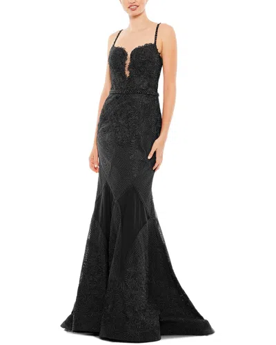 Mac Duggal Embroidered Plunge Neck Trumpet Gown In Black