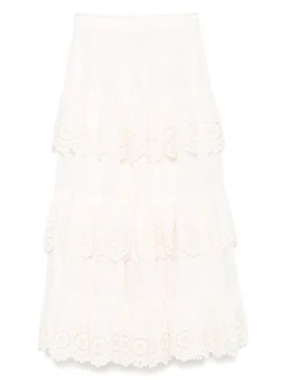 Zimmermann Ivory Embroidered Cotton Lucky Tiered Midi Skirt
