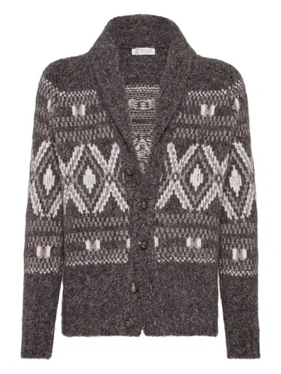 Brunello Cucinelli Wool Cardigan V-neck Geometric Pattern In Gray