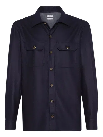 Brunello Cucinelli Wool Shirt With Long Sleeves And Spread Collar In Blue
