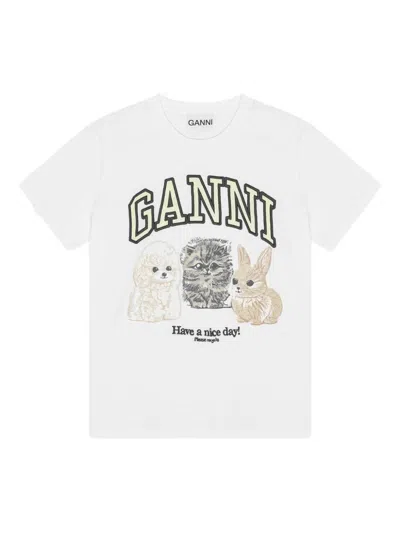 Ganni White Crew-neck Cotton T-shirt With Animal Print In White