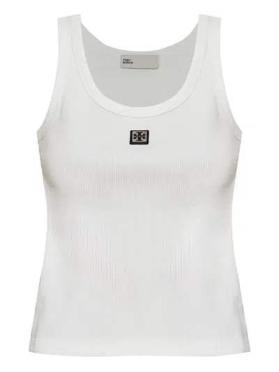 Tory Burch White Sleeveless Top With Round Neck And Logo Embroidery On The Front In Cotton Woman
