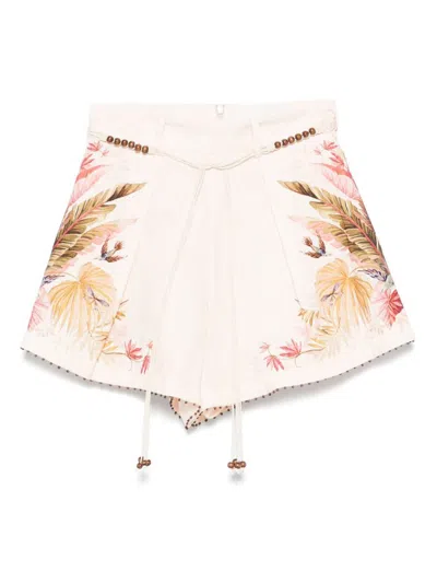 Zimmermann Ascension Belted Bead-embellished Floral-print Linen Shorts In Neutral
