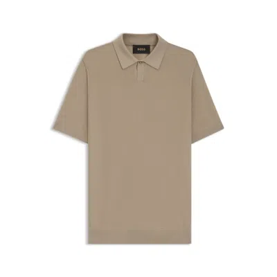 Hugo Boss Knit Polo In Merino Wool With Natural Stretch In Brown