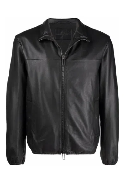 Emporio Armani Leather Jacket With Stand-up Collar In Black