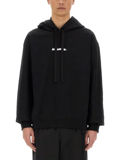 Jil Sander Relaxed Fit Black Cotton Hoodie With Logo Print In Black
