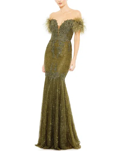 Mac Duggal Off-the-shoulder Feather Embellished Mermaid Gown In Green