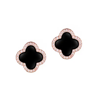 Adornia 14k Rose Gold Plated Black Halo Cz Clover Stud Earrings In Black