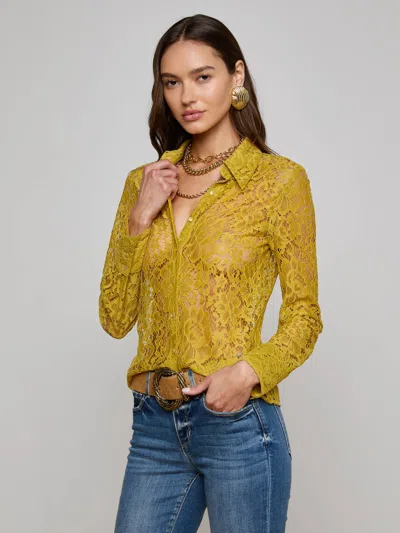 L'agence Maia Lace Buttondown Blouse In Ceylon Yellow Lace In Brown