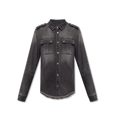 Balmain Cotton Denim Shirt Men In Black