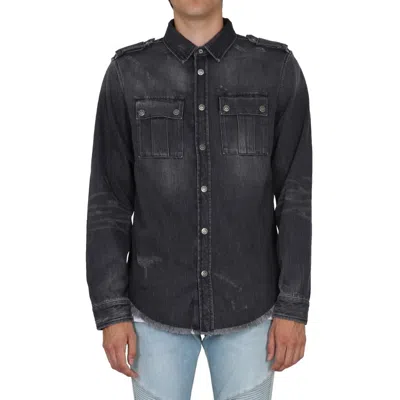 Balmain Cotton Denim Shirt Men In Black