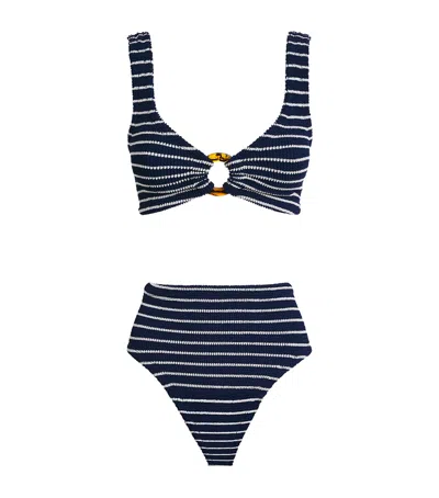 Hunza G Womens Nadine Hoop-trim Striped Seersucker Bikini Set Navy Whit In Blue