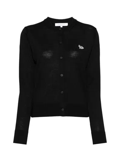 Maison Kitsuné Black Cardigan With Baby Fox Logo Patch Applied On The Front In Wool Woman