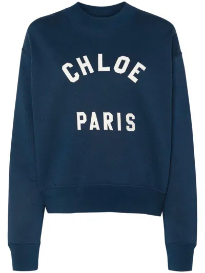 Chloé Blue Crewneck Sweatshirt With Logo Lettering Print In Cotton Woman