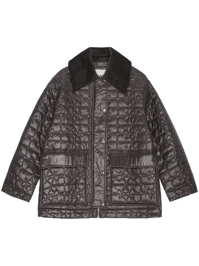 Ganni Shiny Black Quilted Midi Jacket With Pointed Collar In Black