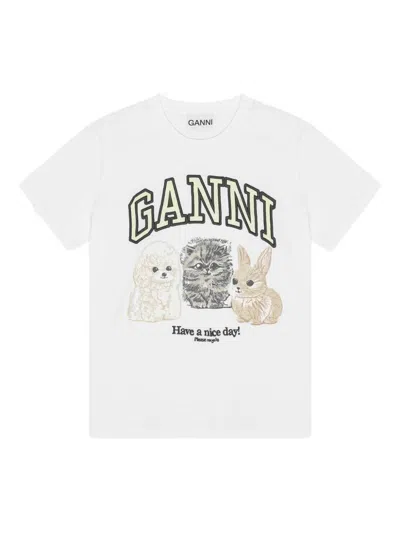 Ganni White Crew-neck Cotton T-shirt With Animal Print In White