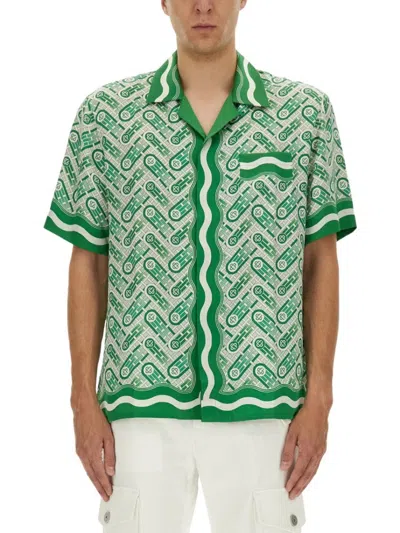 Casablanca Mens Green Ping Pong Ping Pong Monogram Cuban-collar Short-sleeve Silk Shirt