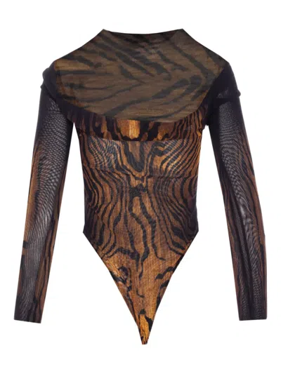 Jean Paul Gaultier Tiger-print Mesh Bodysuit In Brown