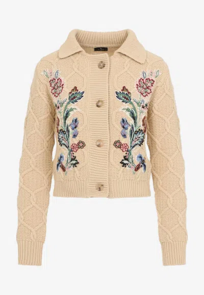 Etro Embroidered Cable-knit Wool And Cashmere-blend Cardigan In Neutral