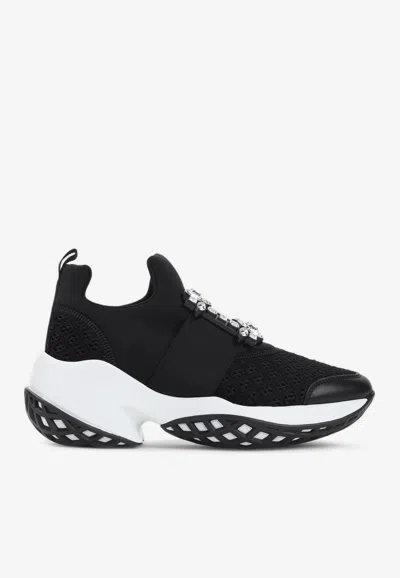 Roger Vivier Roger Viv Mesh Crystal Embellished Slip On Sneakers In Black Nylon In Black