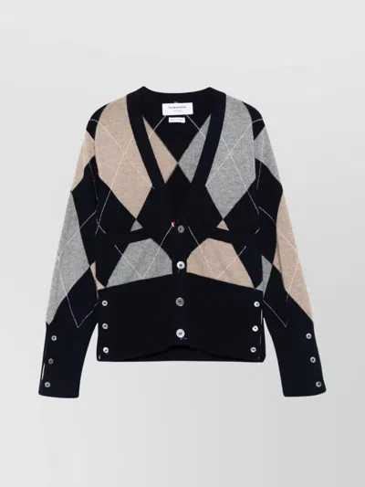 Thom Browne Navy Argyle Intarsia Cashmere V Neck Cardigan In Multi