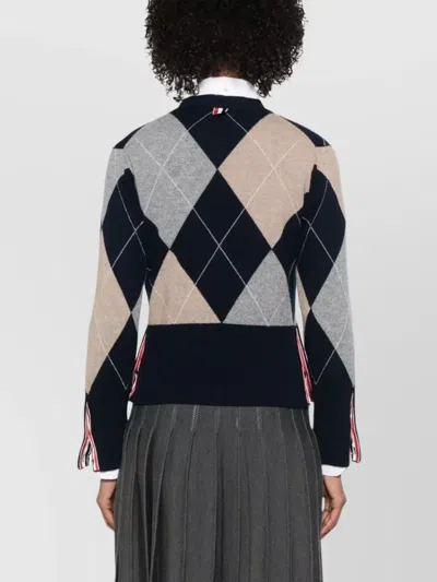 Thom Browne Navy Argyle Intarsia Cashmere V Neck Cardigan In Multi