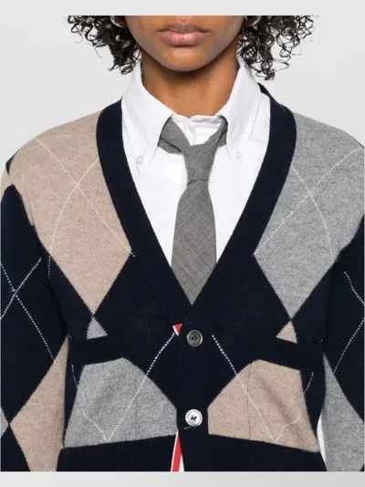 Thom Browne Navy Argyle Intarsia Cashmere V Neck Cardigan In Multi