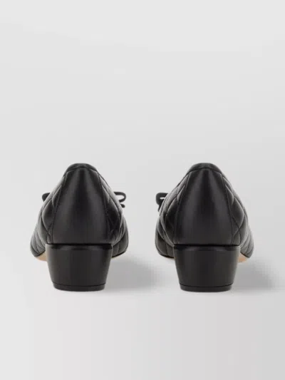 Ferragamo Quilted Bow Block Heel Ballerina Shoes In Black