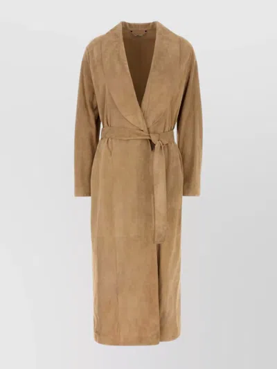 Fendi Suede Coat With Belted Waist And Lapel Collar In Brown